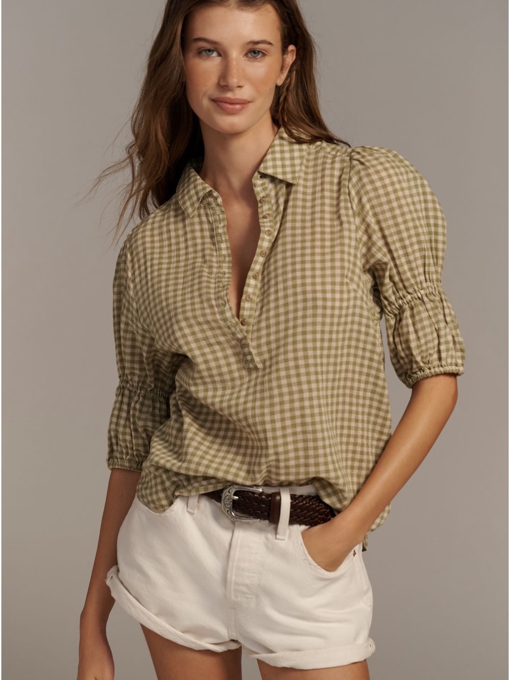 Anthropologie Pilcro Olive Gingham Puff-Sleeve Button-Down Shirt